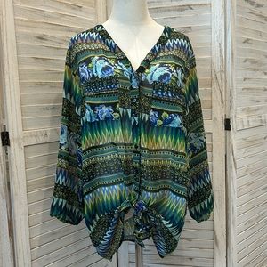 Metro 22 Sheer Button Down Tie Front Blouse